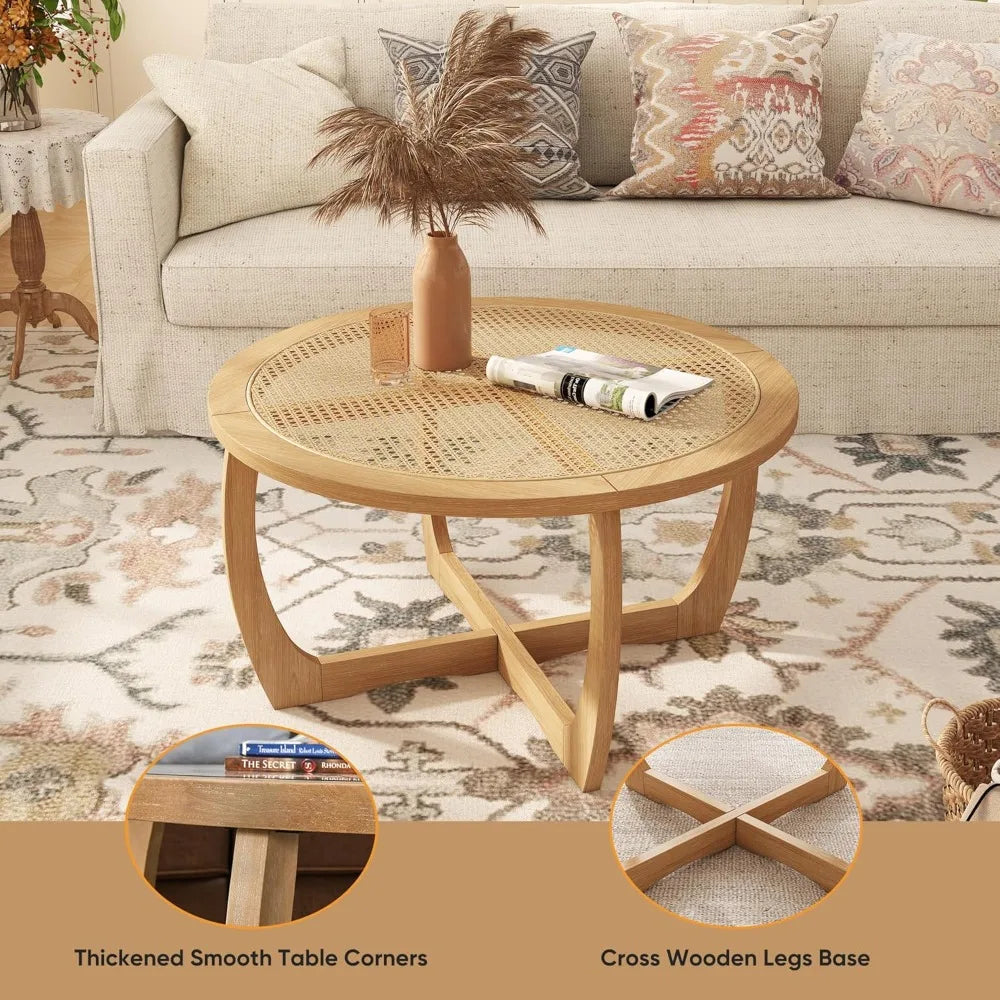 Round Wood Coffee Table With Handmade Rattan Top And Legs