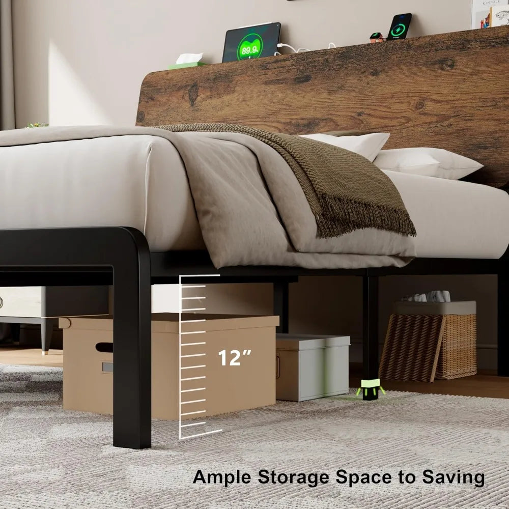 Bed Frame With Storage Headboard LED Lighting And Charging Station
