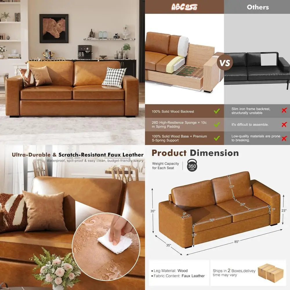 Mid Century Modern Sofa In Faux Leather With Cushions