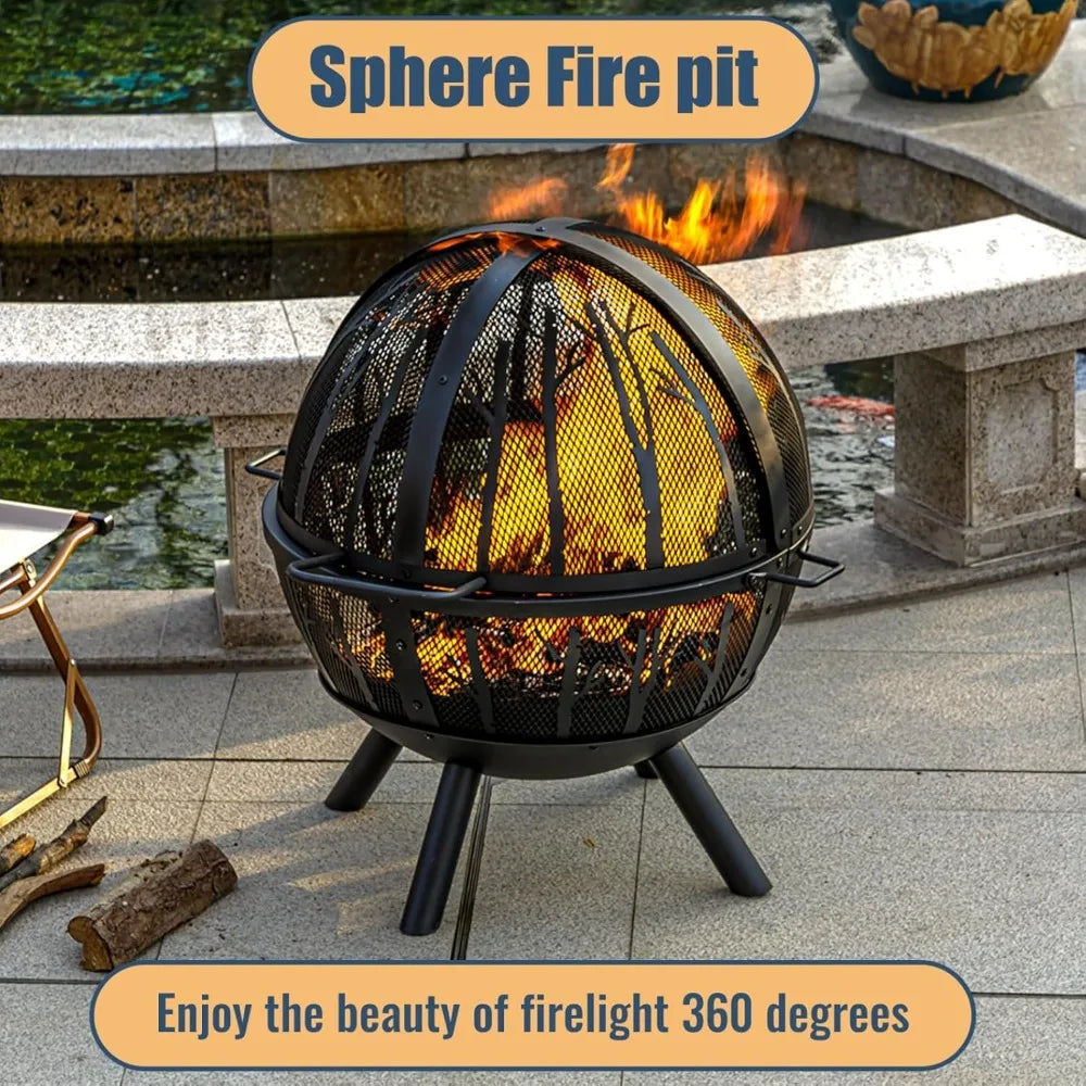 Durable Steel Wood Burning Fire Pit With Outdoor BBQ Grill