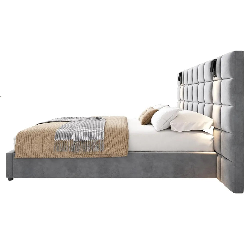 Queen Platform Bed With Adjustable Reading Lamp USB Port Headboard