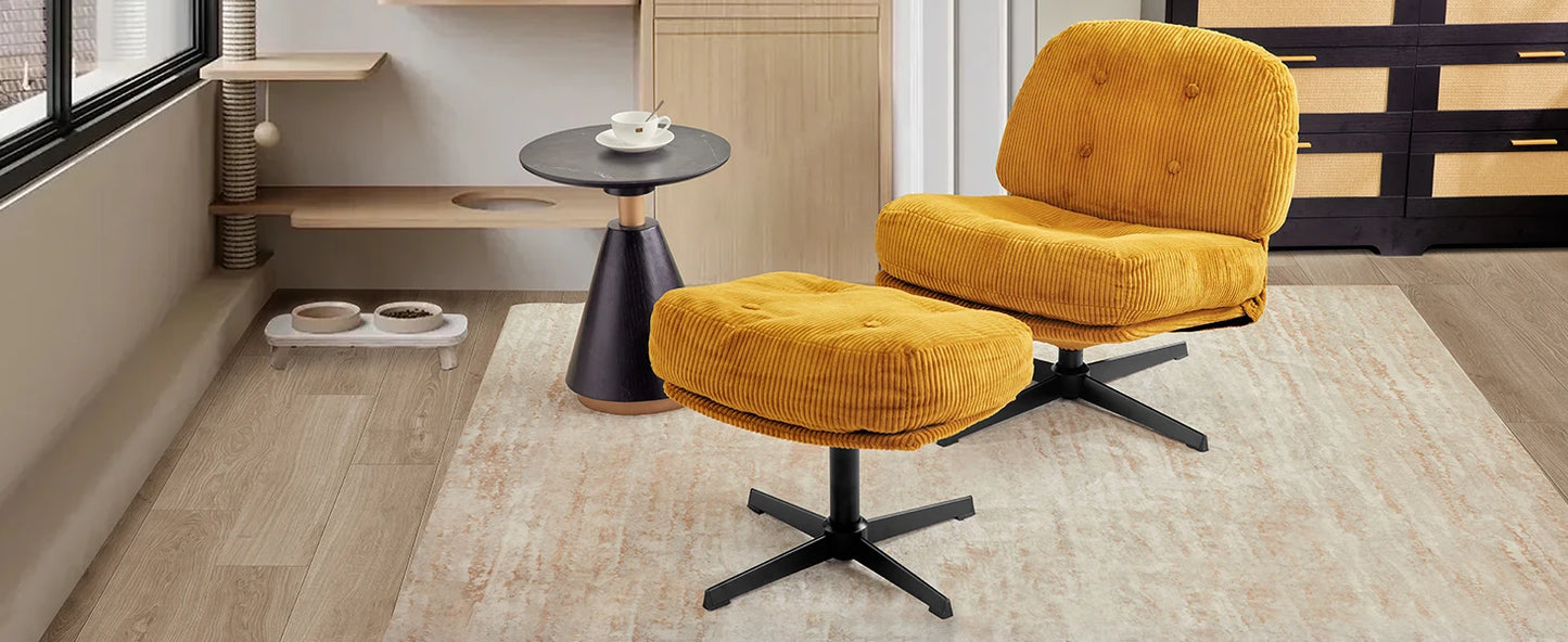 Corduroy Upholstered Swivel Lounge Chair With Footrest