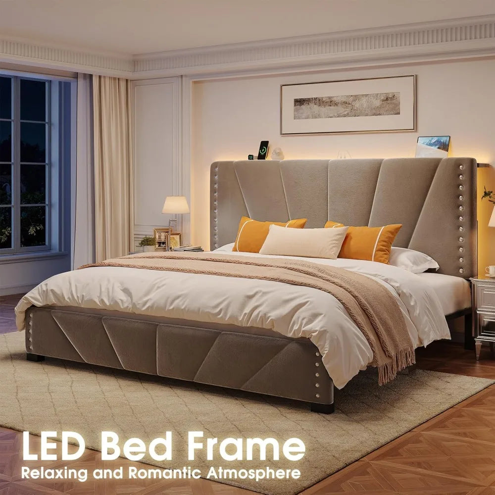 Bed Frame With Velvet Headboard And RGB LED Lights Storage Headboard With Charging Station