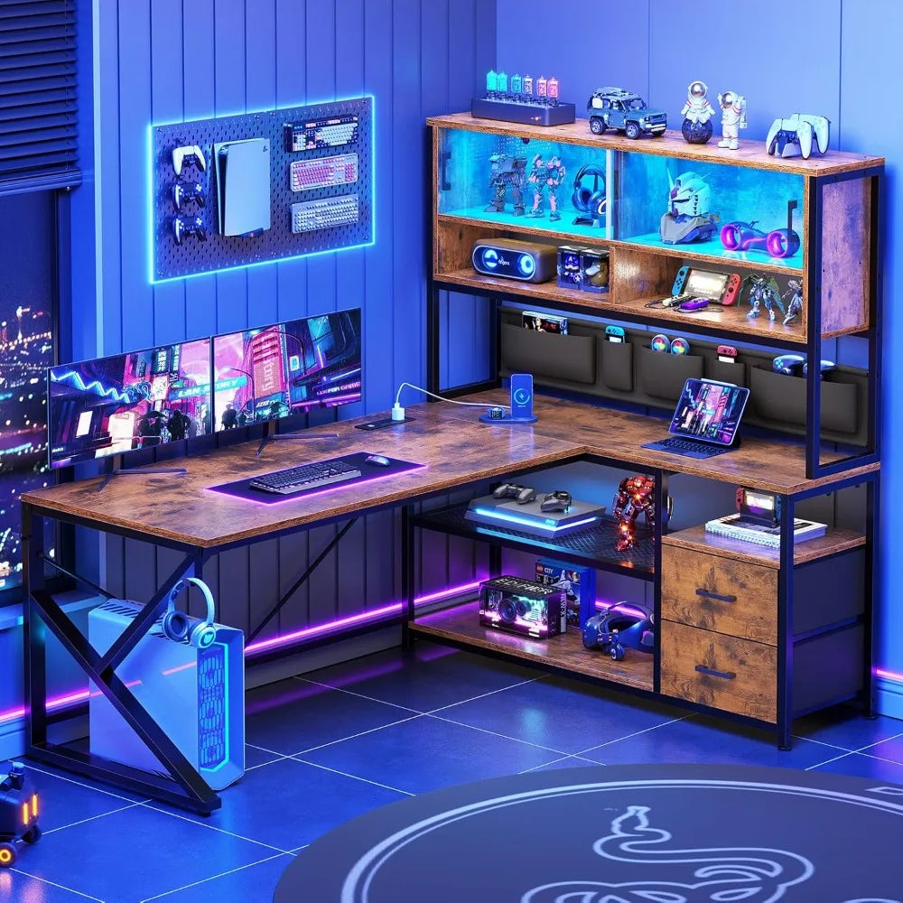 L Shaped Computer Desk With LED Light And Bookshelf