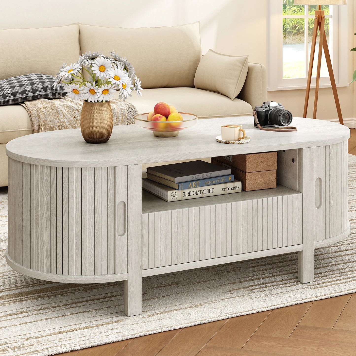 Oval Coffee Table With Storage And Sliding Doors Living Room