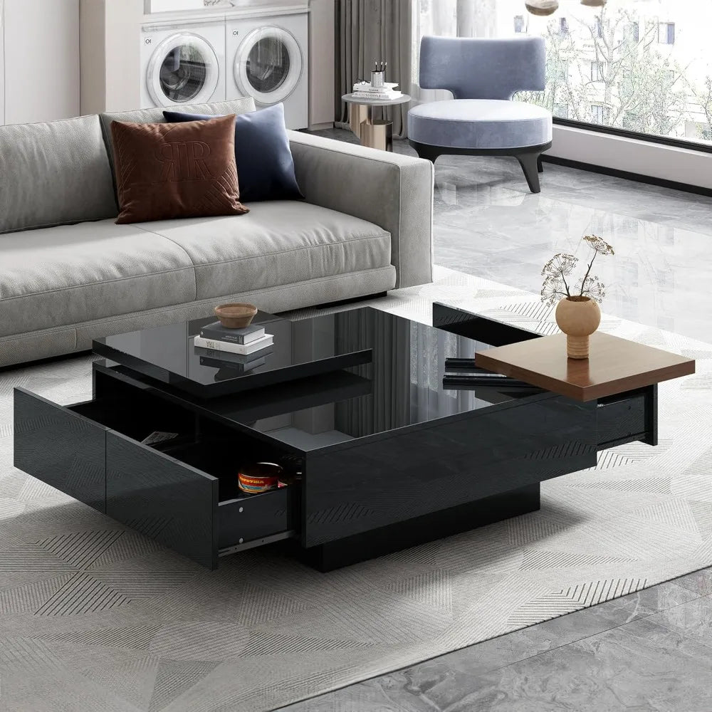 Movable Square Coffee Table With Hidden Drawers And Storage