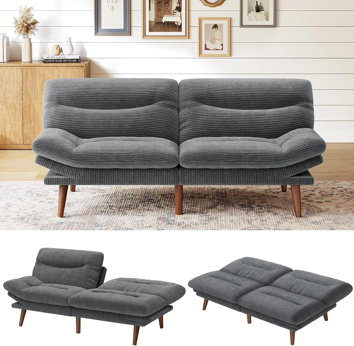 Futon Sofa Bed With Adjustable Backrest And Armrests