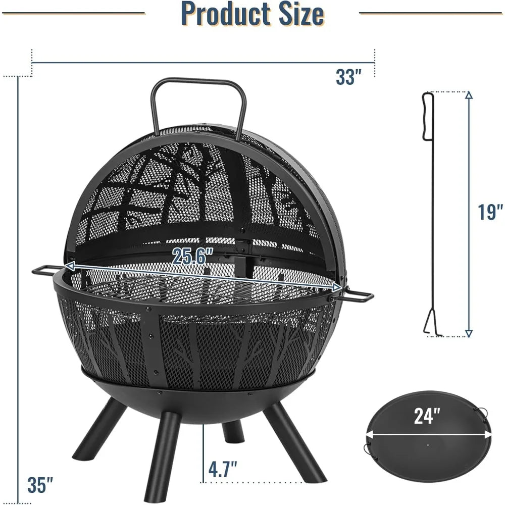 Durable Steel Wood Burning Fire Pit With Outdoor BBQ Grill