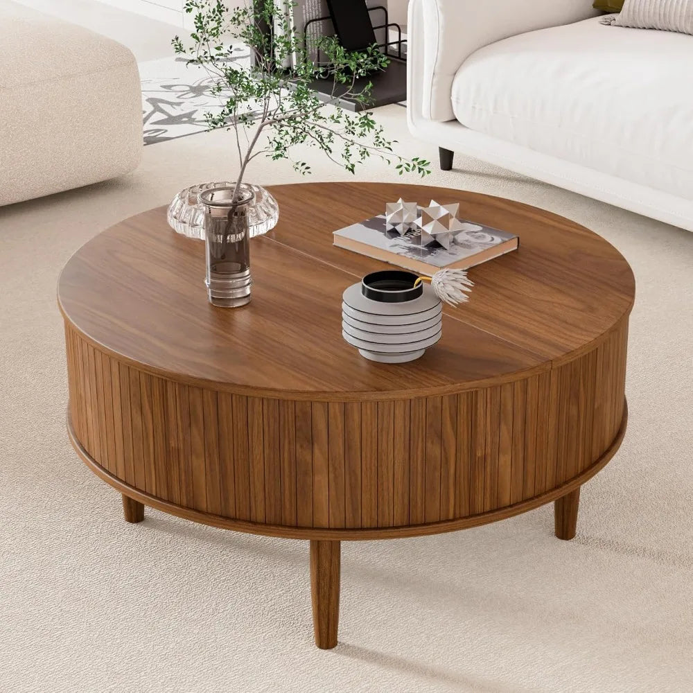 Round Fluted Lift Top Coffee Table With Storage Mid Century