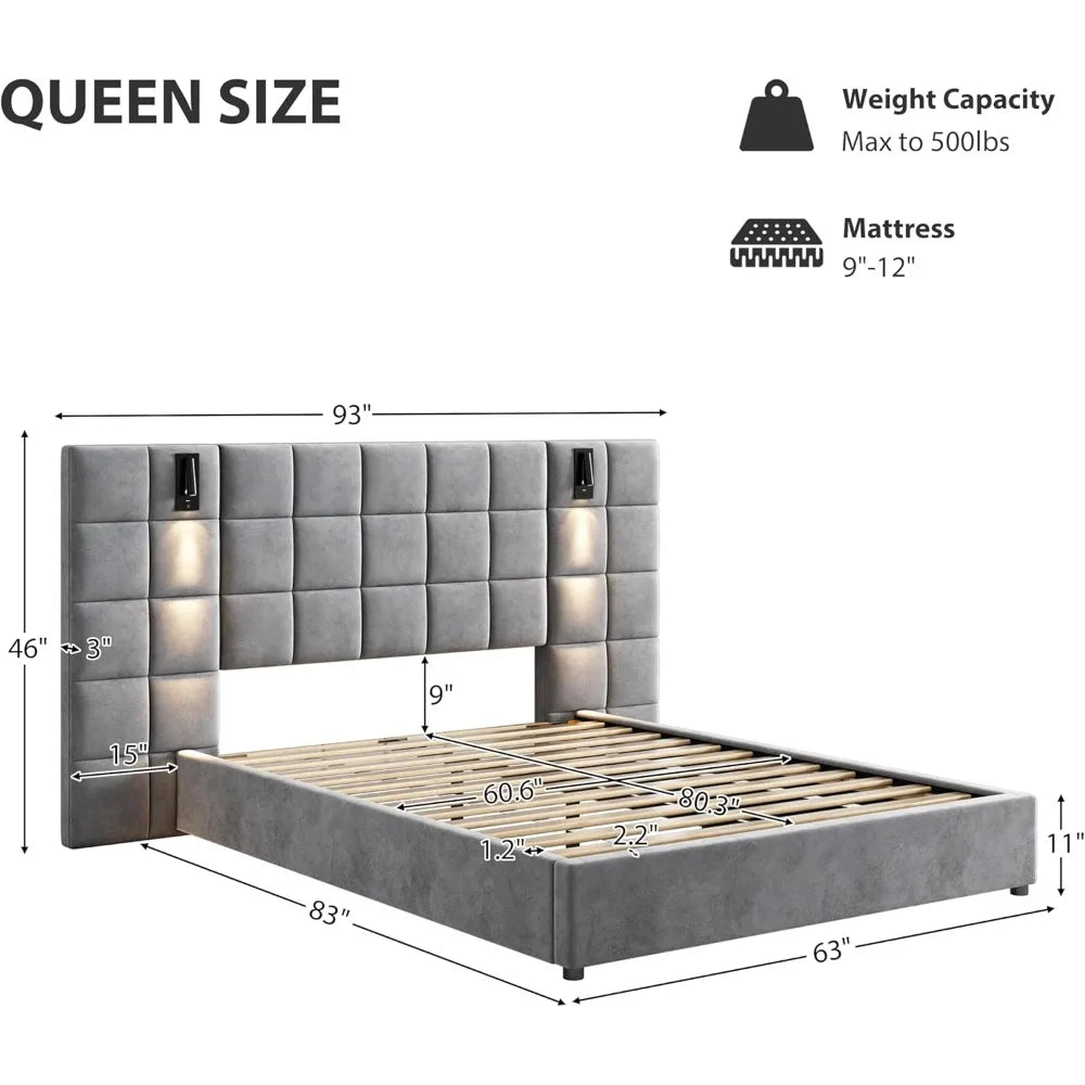 Queen Platform Bed With Adjustable Reading Lamp USB Port Headboard
