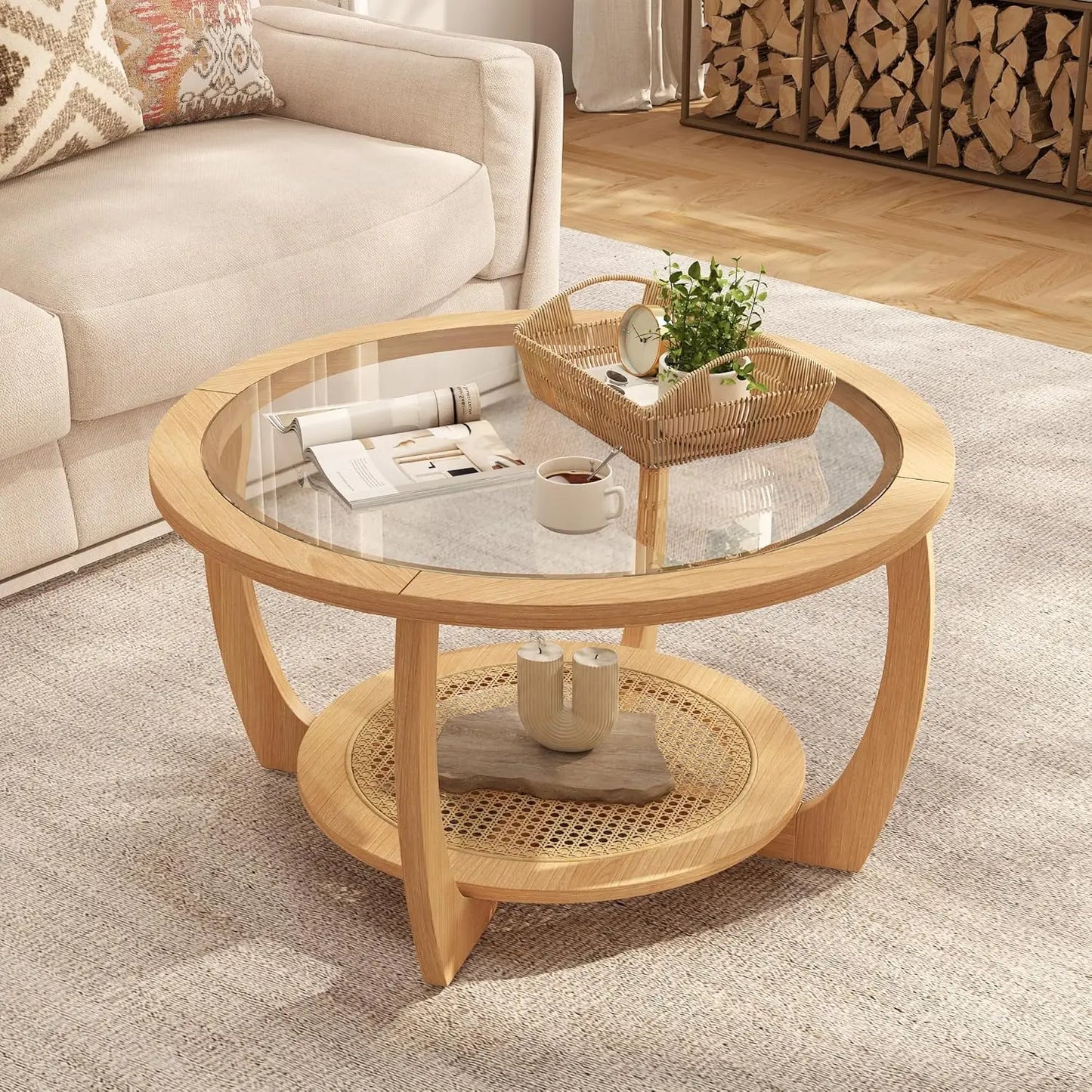 Round Wood Coffee Table With Handmade Rattan Top And Legs