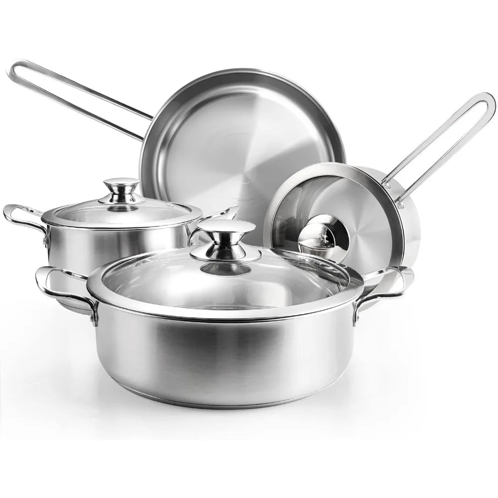 Stainless Steel 7 Piece Pots And Pans Set With Glass Lids