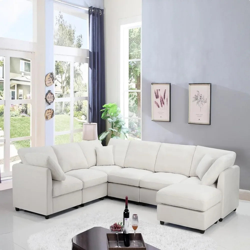 Chenille Modular Sectional Sofa With Movable Ottoman