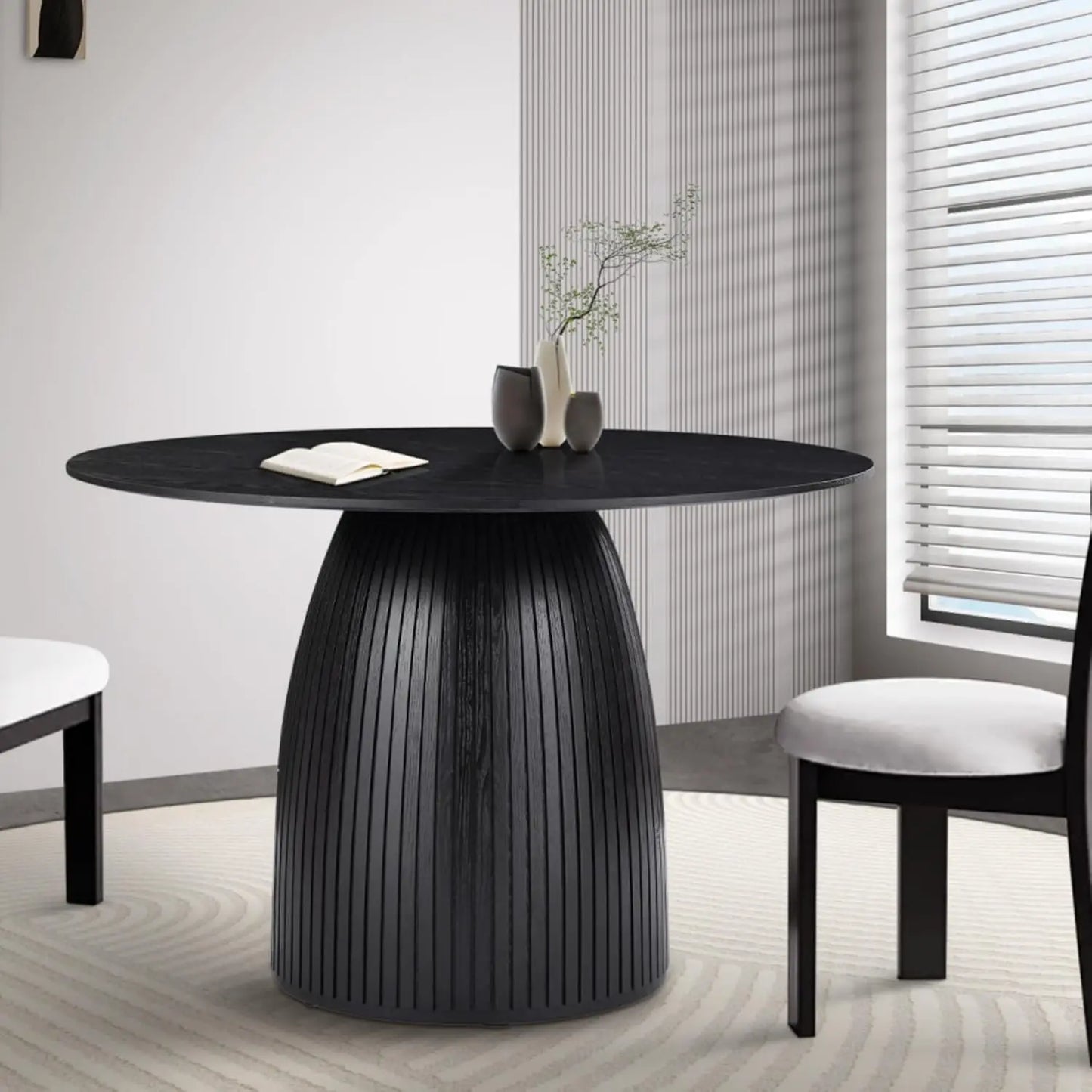 Mid Century Modern Farmhouse Round Dining Table With Wooden Pedestal Base Stain Resistant Surface