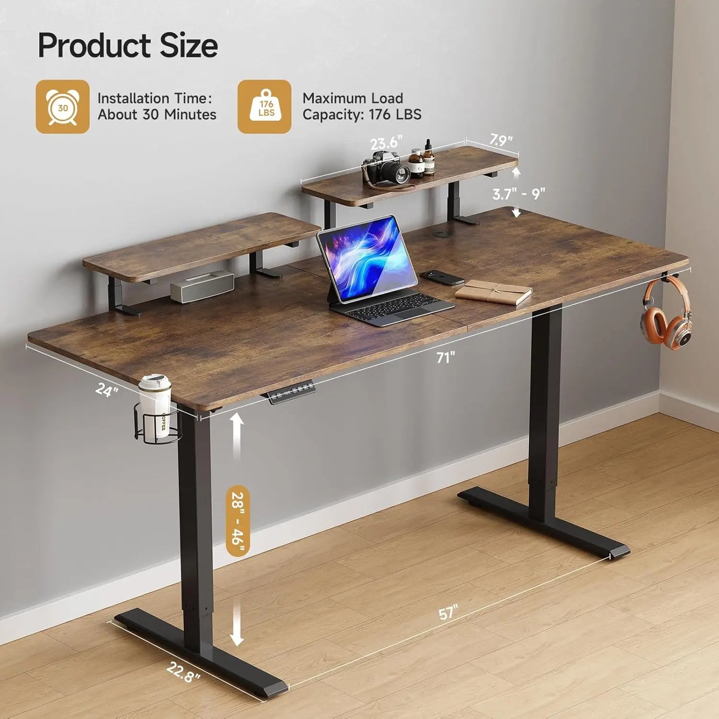 ONBRILL Standing Desk With 2 Adjustable Monitor Shelves