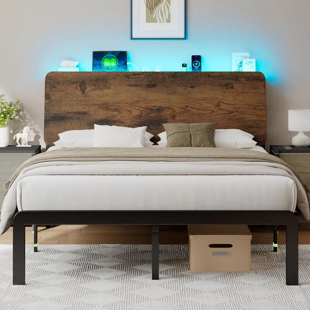 Bed Frame With Storage Headboard LED Lighting And Charging Station