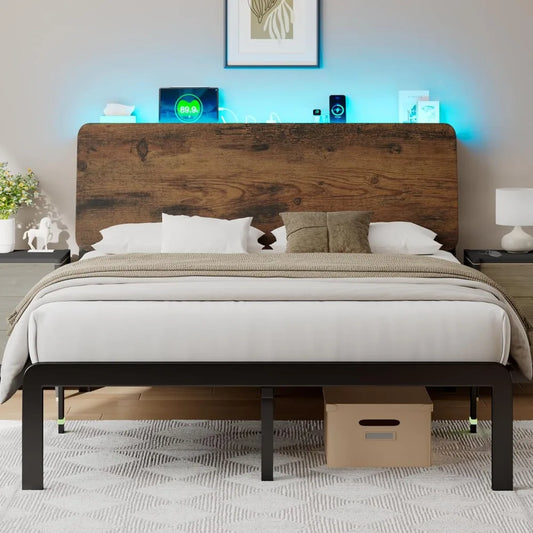 Bed Frame With Storage Headboard LED Lighting And Charging Station