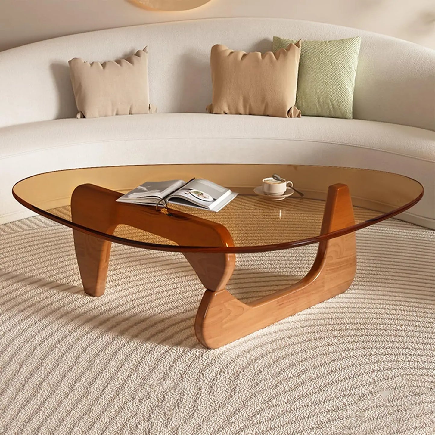 Triangle Glass Coffee Table Wooden Base Modern Abstract