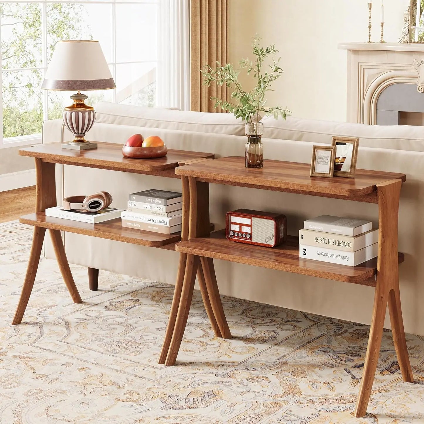 Farmhouse Side Table With 2-Tier Storage Shelf