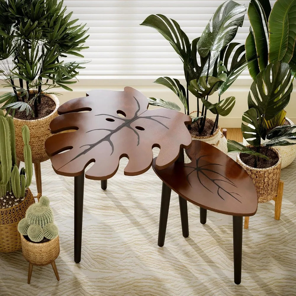Monstera Leaf Nesting Tables Set of 2 Modern Wood Tables
