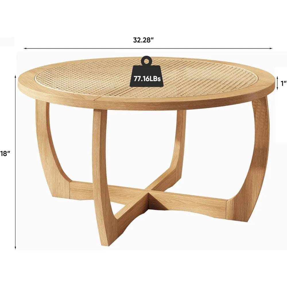 Round Wood Coffee Table With Handmade Rattan Top And Legs