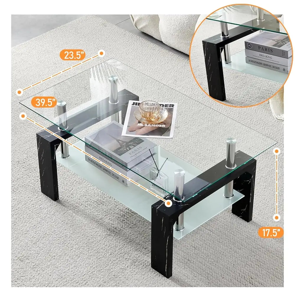 Modern Glass Top Coffee Table With Wooden Legs And Shelf