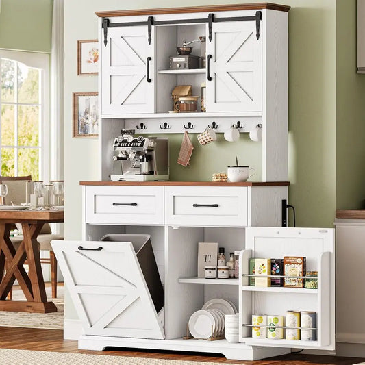 IRONCK Farmhouse Kitchen Pantry Storage Cabinet With Microwave Stand Charging Station Hidden Trash Can