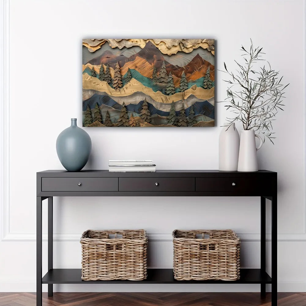Mountain And Pine Forest Wall Art With Chunky Pine Frame