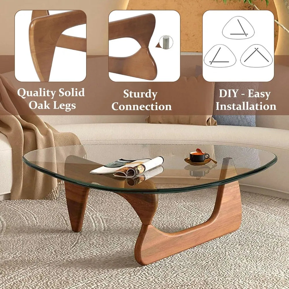 Triangle Glass Coffee Table Wooden Base Modern Abstract