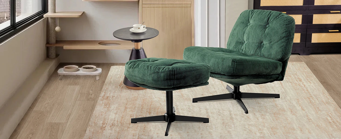 Corduroy Upholstered Swivel Lounge Chair With Footrest