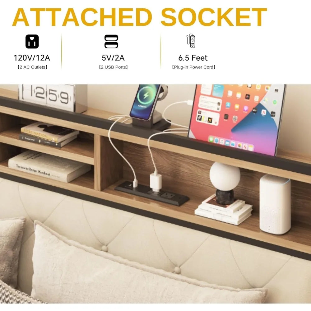 DWVO Upholstered Bed Frame With USB Charging Station Storage Headboard And Metal Slats