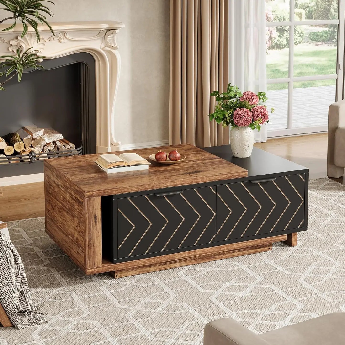 Expandable Walnut Oak Veneer Coffee Table Dual Tone Design