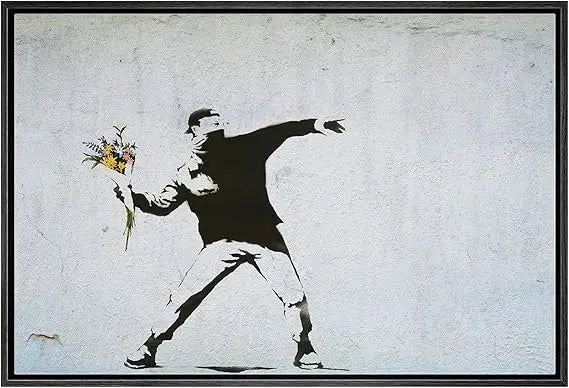 Banksy Inspired Framed Canvas Wall Art Man Throwing Flowers
