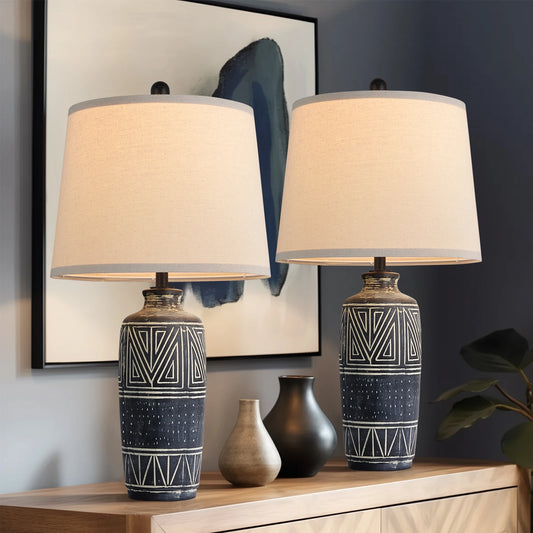 Two Pack Geometric Ceramic Table Lamps With Linen Shades
