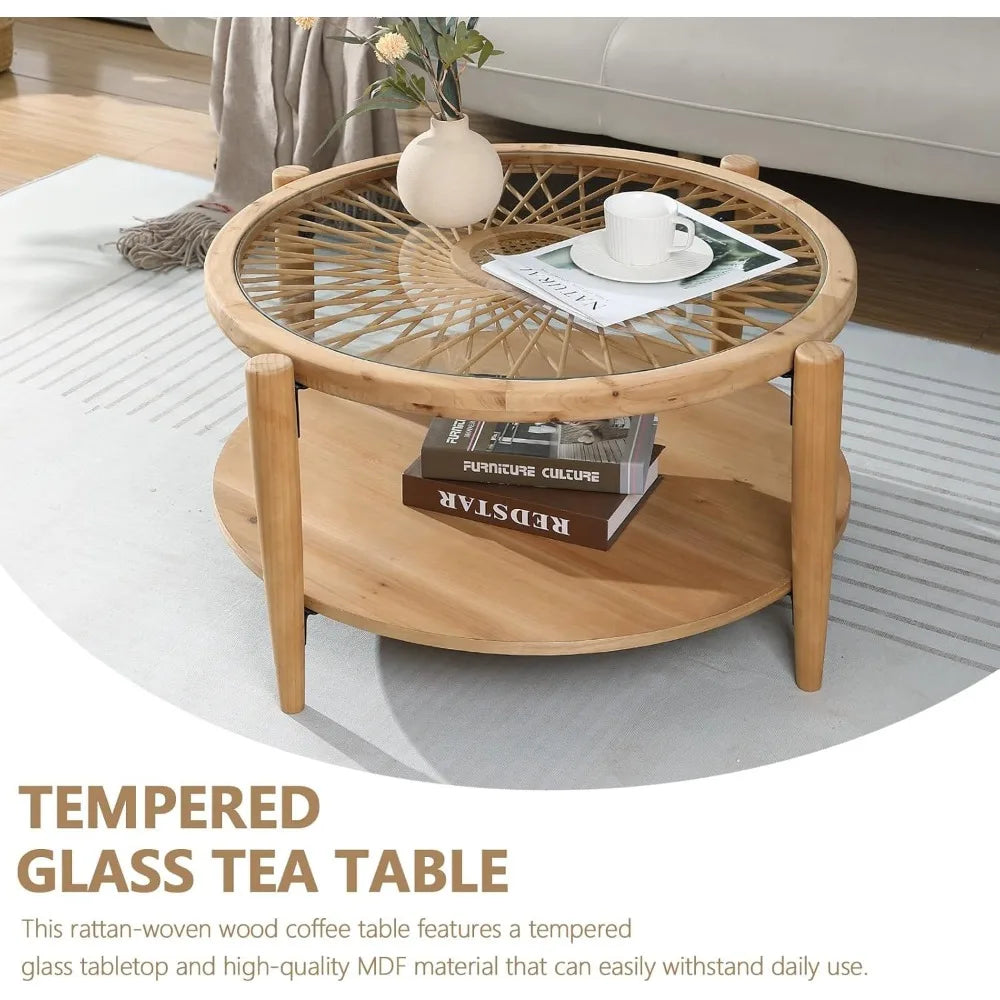 Boho Rattan Coffee Table Mid Century Tempered Glass Top