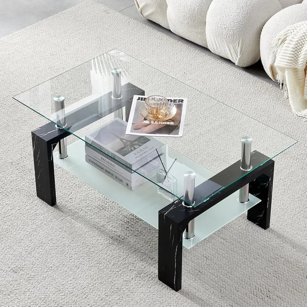 Modern Glass Top Coffee Table With Wooden Legs And Shelf