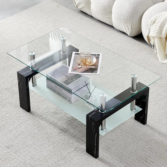 Modern Glass Top Coffee Table With Wooden Legs And Shelf