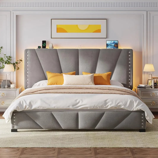 Bed Frame With Velvet Headboard And RGB LED Lights Storage Headboard With Charging Station