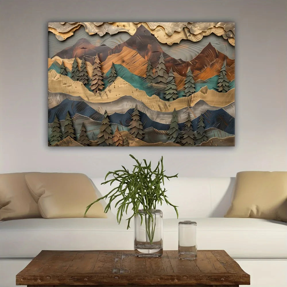 Mountain And Pine Forest Wall Art With Chunky Pine Frame