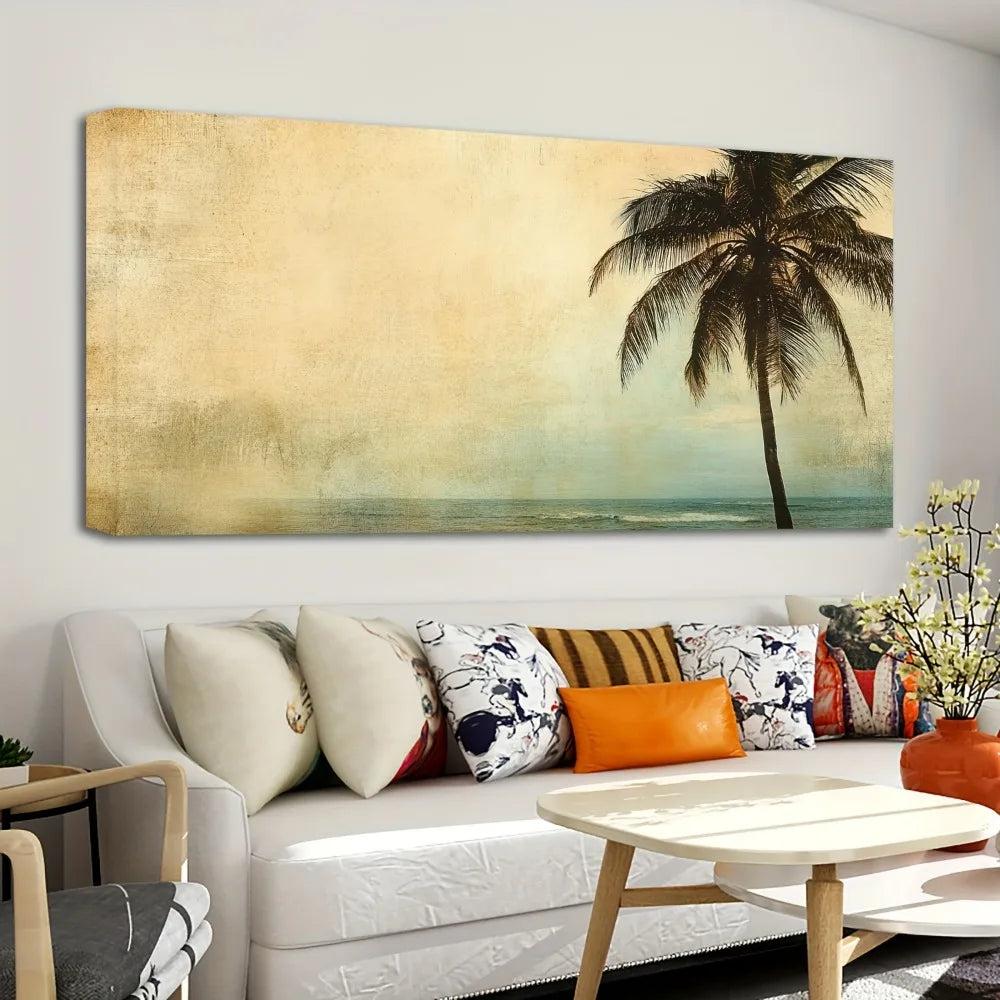 Golden Ocean Beach Palm Tree Landscape Pine Frame Poster