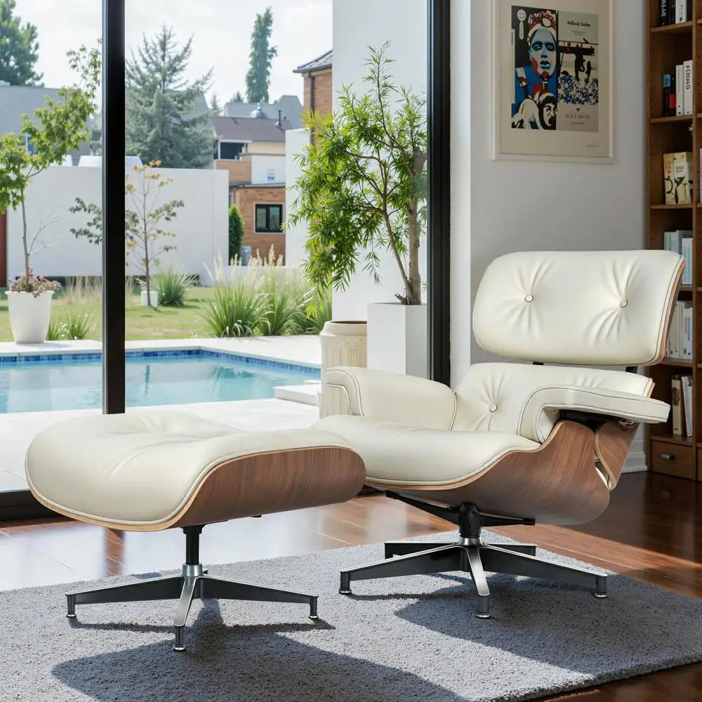 Mid Century Leather Armchair Lounge Chair With Ottoman