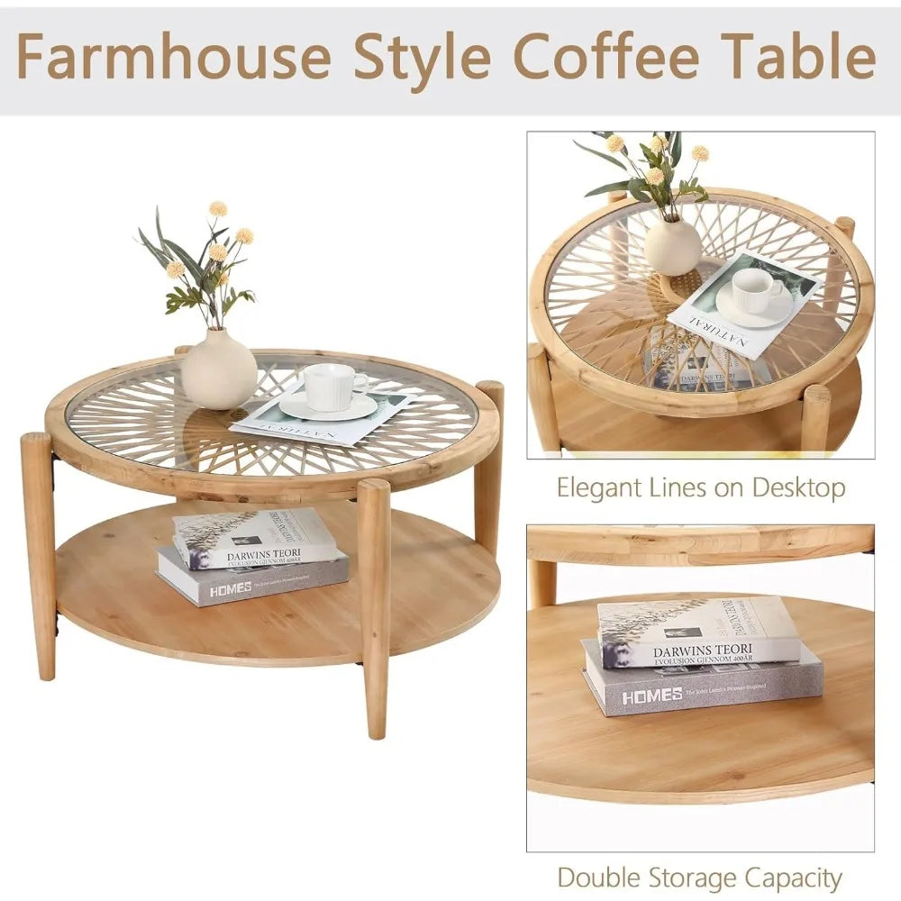 Boho Rattan Coffee Table Mid Century Tempered Glass Top