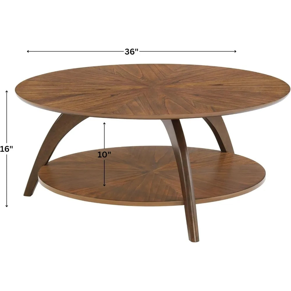 Mid Century Modern Round Wood Coffee Table With Lower Shelf For Living Room Or Den