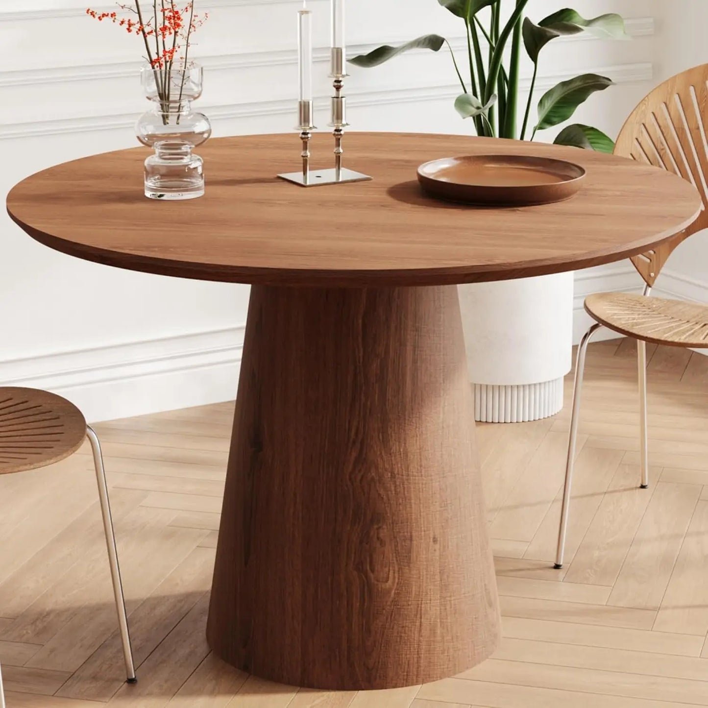 Mid Century Modern Farmhouse Round Dining Table With Wooden Pedestal Base Stain Resistant Surface