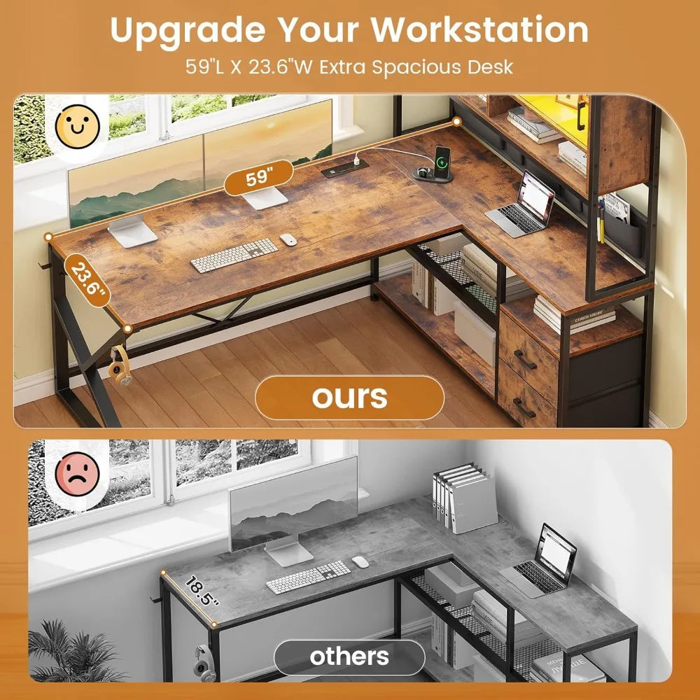 L Shaped Computer Desk With LED Light And Bookshelf