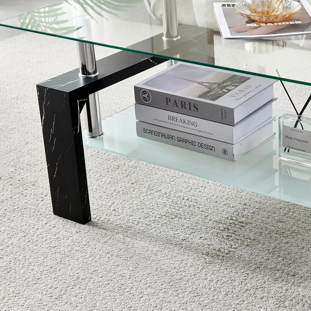 Modern Glass Top Coffee Table With Wooden Legs And Shelf