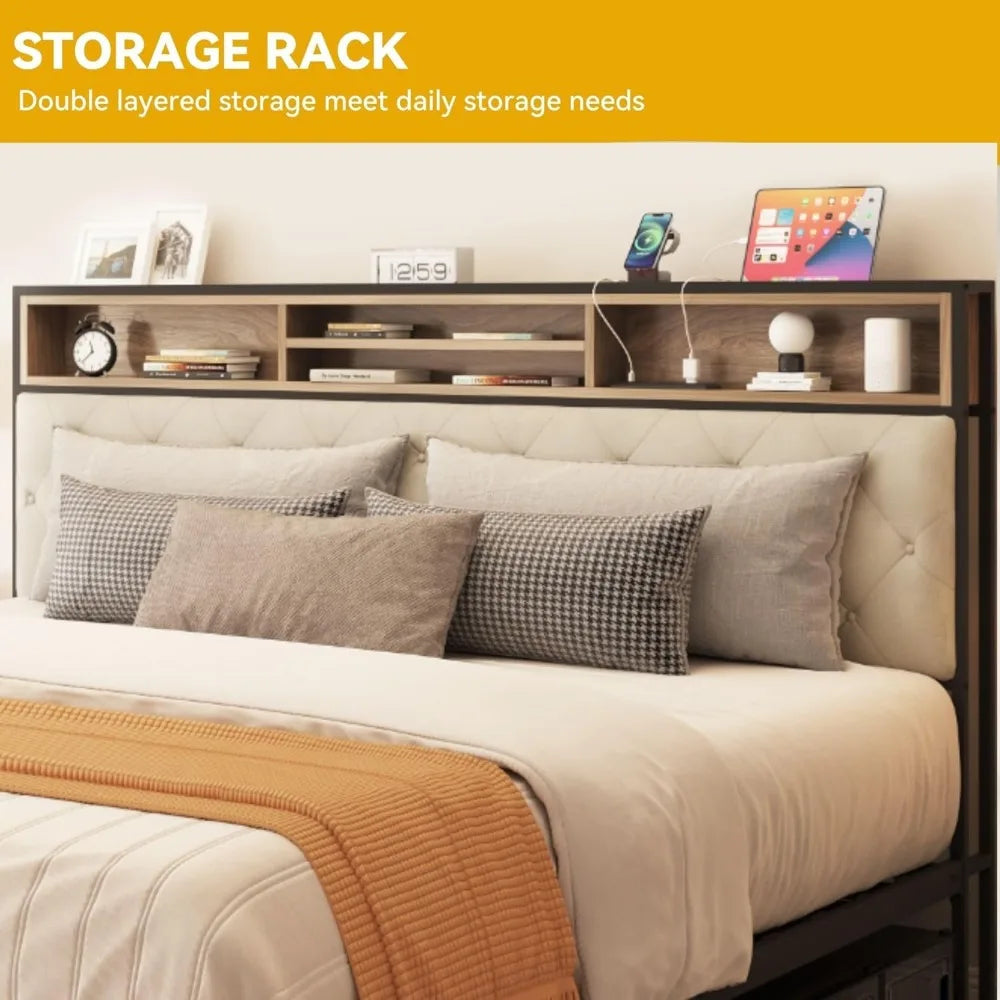 DWVO Upholstered Bed Frame With USB Charging Station Storage Headboard And Metal Slats