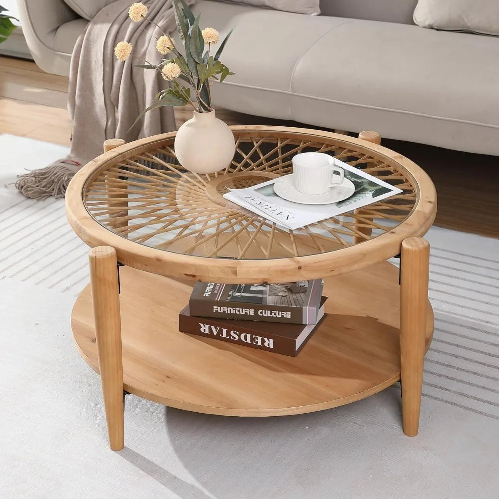 Boho Rattan Coffee Table Mid Century Tempered Glass Top