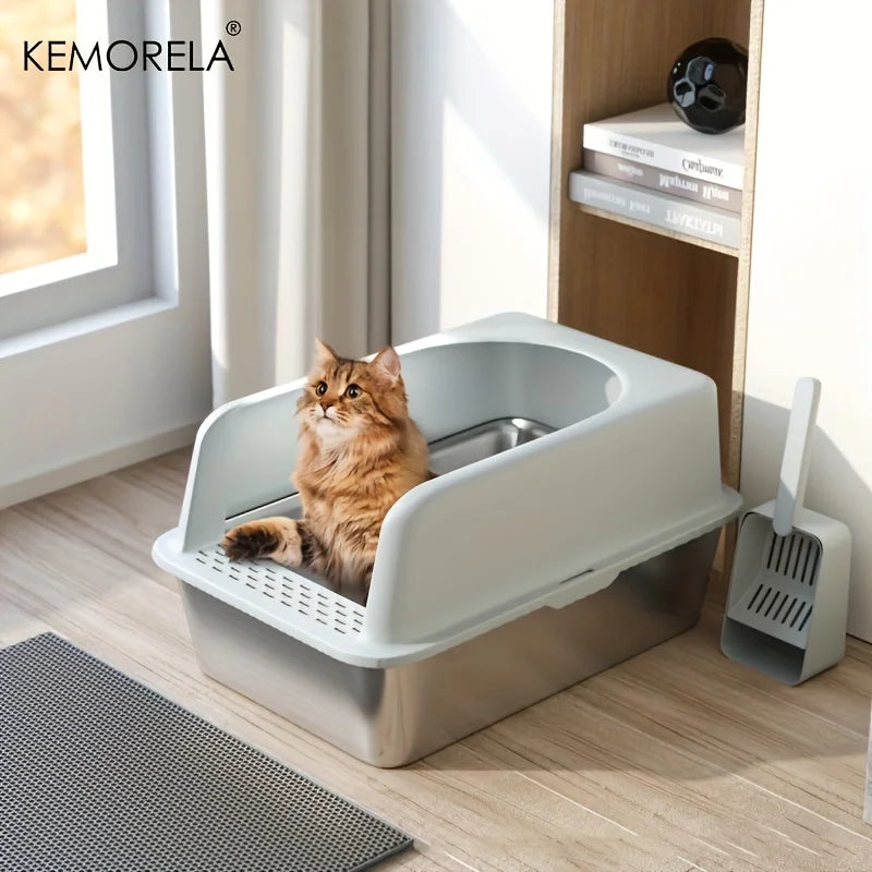 Stainless Steel Litter Box With High Side Lid And Spade