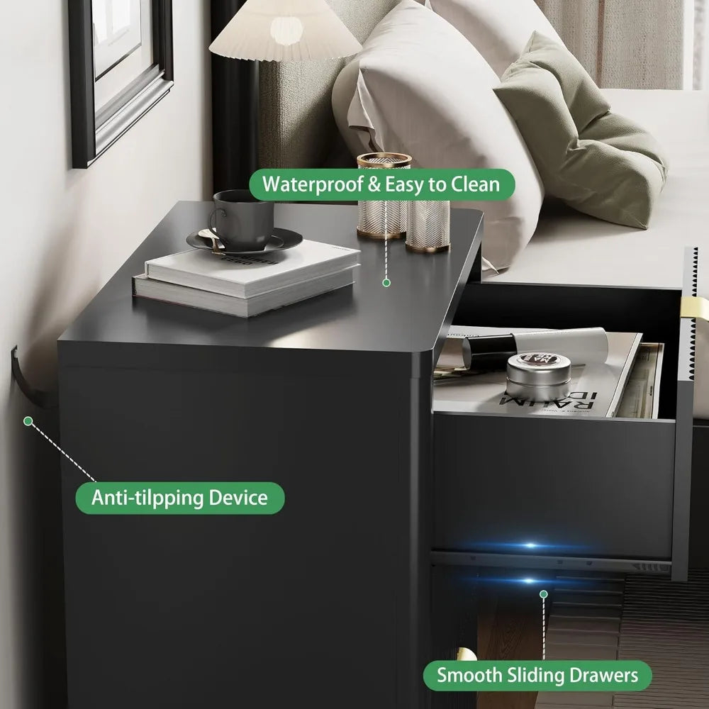 Fluted Nightstand With 3 Drawers Wood Bedside Table